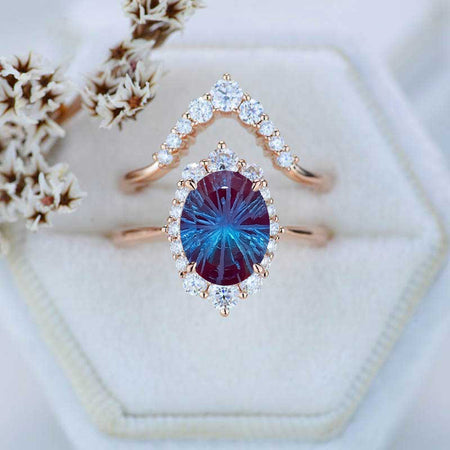 3 Carat Oval Fireworks Cut Alexandrite Halo Engagement Ring, Promise Ring For Her,  Fireworks Cut Alexandrite Wedding Ring, 14K Gold Fireworks Cut Oval Alexandrite Engagement Ring Set