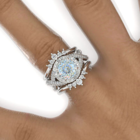 2 Carat Round Portuguese Cut LAB-Grown Diamond Halo 14K White Gold Twisted Shank Engagement Ring Set Model 958