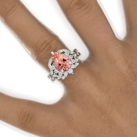 3 Carat Pear Peach Sapphire Halo Floral Twig Engagement Ring 14K White Gold Ring Model 924-11x7mm