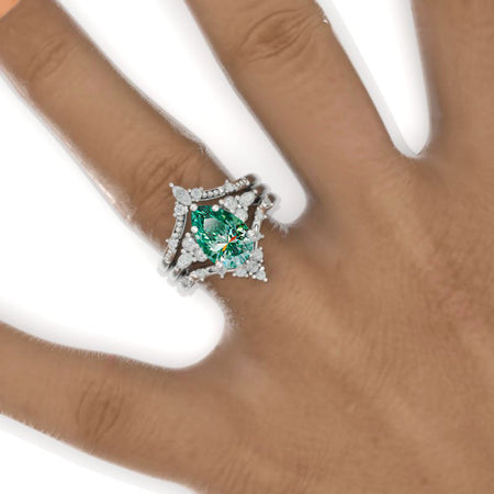 3 Carat Pear Green Moissanite  Floral Engagement 14K White Gold  Ring Eternity Ring Set Model 883-11x7