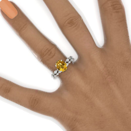 14K White Gold 2 Carat Oval Yellow Sapphire Vintage Engagement Ring, Eternity Ring Set Model 590-9x7