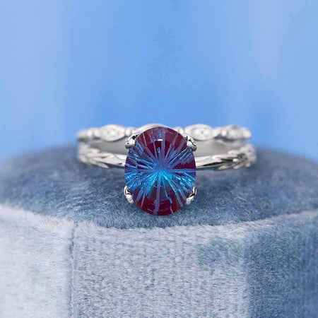 3 Carat Oval Fireworks Cut Alexandrite Engagement Eternity Gold Rings Set