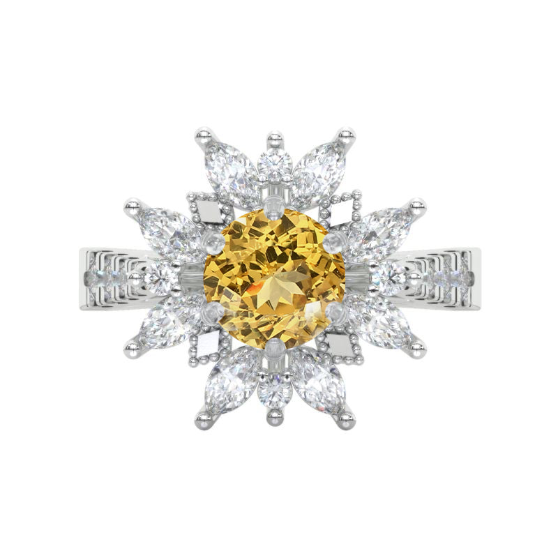 2 Carat Round Snowflake Genuine Yellow Citrine Floral Halo Engagement Ring Model 1131