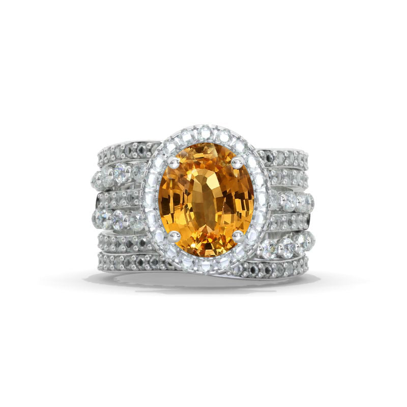 4Ct Genuine Yellow Citrine Halo Engagement Vintage Ring, Oval Shape Cut Genuine Yellow Citrine Engagement Ring, Accents Stones 14K White Halo Gold Ring Model 1038-11x9