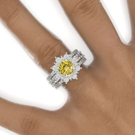 2 Carat Round  Brilliant Cut Yellow Sapphire Halo 14K White Gold Engagement Ring, Eternity Rings Set Model 909A