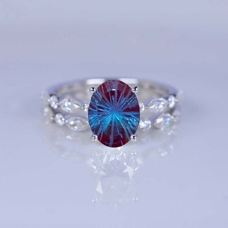 14K White Gold 2 Carat Oval Fireworks Cut Alexandrite Vintage Engagement Ring, Eternity Ring Set