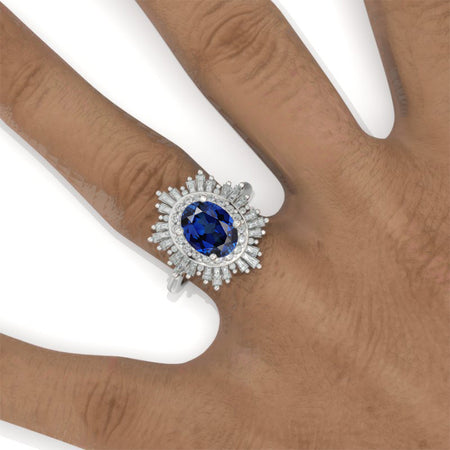 14K White Gold 2 Carat Royal Blue Sapphire Oval Halo Engagement Ring