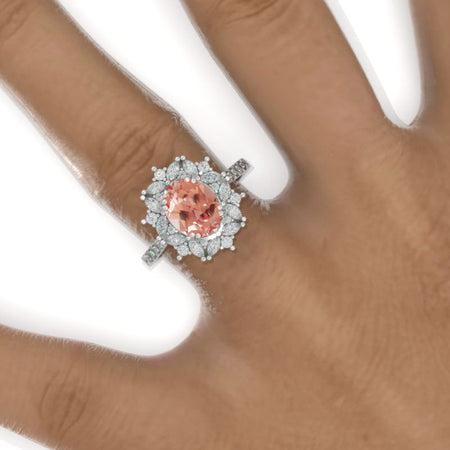 2 Carat Oval Peach Sapphire Halo Vintage 14K White Gold Engagement Ring Model 804-9x7