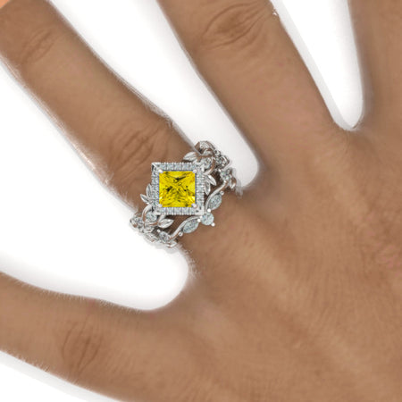 1 Carat Yellow Sapphire Princess Cut Halo Floral Twig Ornamental Engagement 14K White Gold  Ring Eternity Ring Set Model 1152-6x6