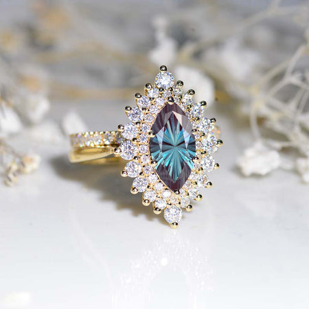 14K Solid Gold Ring 12x6mm Marquise Double Halo Starlines Cut Alexandrite Vintage Wedding Ring. Engagement Ring Anniversary Ring, Pear Side Stones Ring Set