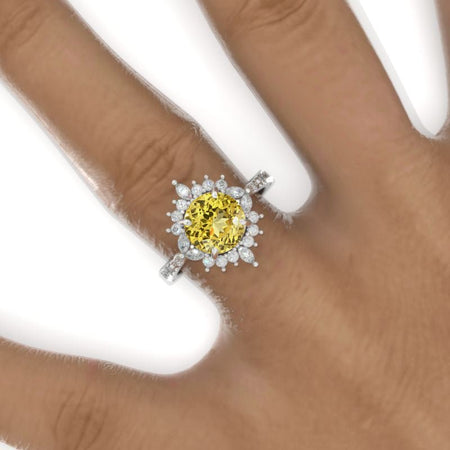 2 Carat Round Yellow Sapphire Floral Halo Shank Engagement Ring Model-955