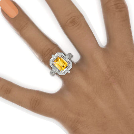 2 Carat Vintage Halo Style 8x6mm Emerald Cut Yellow Sapphire White Gold Engagement Ring Model 1054-8x6