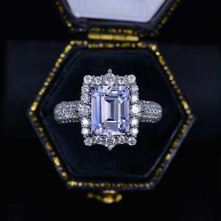 4Ct Purple Sapphire Engagement Ring Halo Emerald Cut Purple Sapphire Engagement Ring