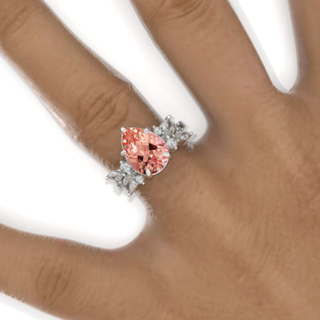 3 Carat Pear Peach Sapphire Cluster 14K White Gold Engagement Eternity Ring Model 968-11x7