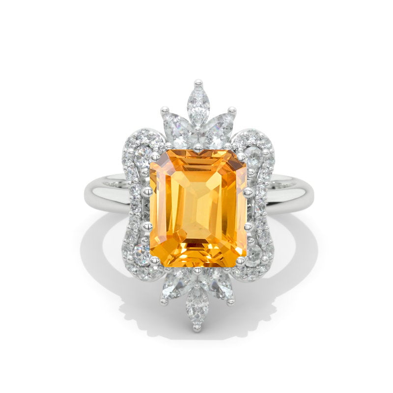 3 Carat Genuine Yellow Citrine Emerald Cut Halo White Gold Engagement  Ring Model 417