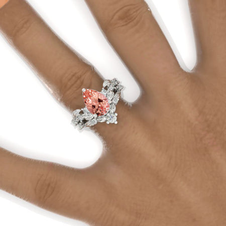 3 Carat Peach Sapphire Pear Halo Floral Engagement 14K White Gold  Ring Eternity Ring Set Model 882-11x7