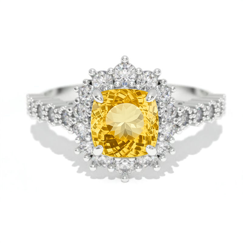 14K White Gold 1.2 Carat Cushion Genuine Yellow Citrine Halo Engagement Ring