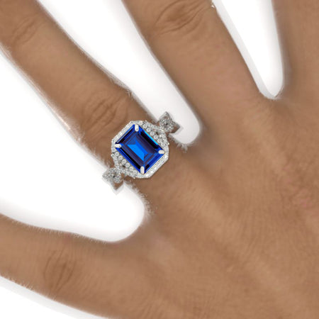 2 Carat Emerald Halo Royal Blue Sapphire Twisted Shank  White Gold Engagement Ring Model 961-8x6mm