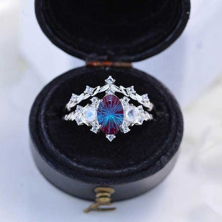 1 Carat Oval Fireworks Cut Alexandrite Halo 14K White Gold Floral Engagement Ring Set