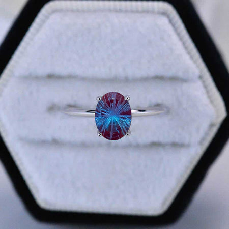 3 Carat Oval Fireworks Cut Alexandrite 14K White Gold Engagement Promissory Ring