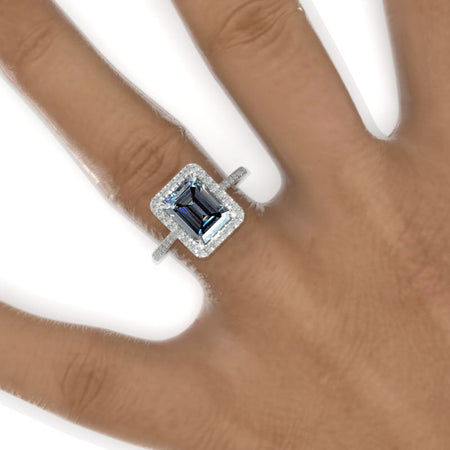 3 Carat Giliarto Emerald Cut Gray Moissanite Halo Engagement Ring