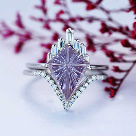 14K Gold 4 Carat Kite Fireworks Cut Alexandrite Halo Engagement Ring, Eternity Ring Set