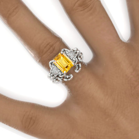 3 Carat Emerald Halo Yellow Sapphire Twisted Shank  White Gold Engagement Ring Set Model 1101