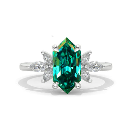 14K White Gold 3 Carat Hexagon Green Moissanite  Cluster Engagement Ring Model 866-10x6