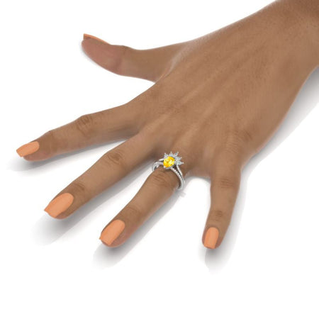 14K White Gold 1.9 Carat Pear Yellow Sapphire Halo Engagement Ring Eternity Ring Set Model 452
