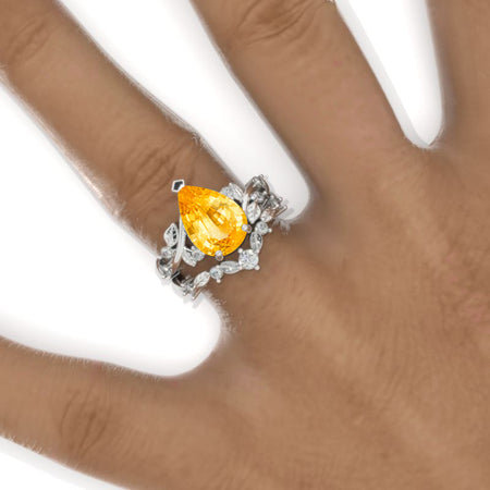 3 Carat Pear Genuine Yellow Citrine Halo Floral Engagement Ring 14K White Gold Ring Set Model 922-11x7mm