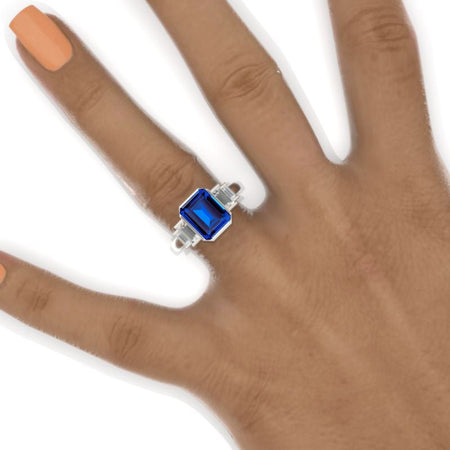 3 Carat Emerald Cut Bezel Set Royal Blue Sapphire Five-Stone  Engagement Ring Model 853-9x7mm