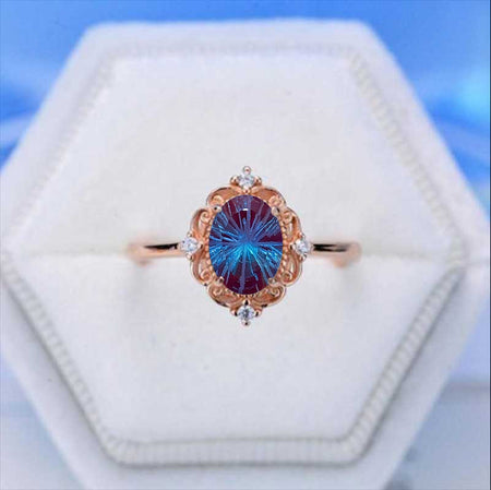 14K Solid Rose Gold Dainty Fireworks Cut Alexandrite Ring, 2ct Oval Fireworks Cut Alexandrite Ring, Rose Gold Ring Unique Oval Halo Vintage Ring