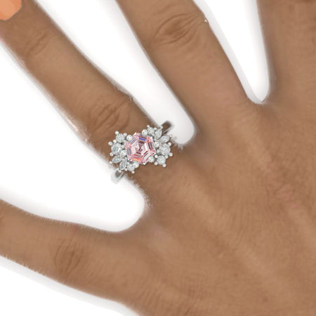 3 Carat Hexagon Peach Sapphire Cluster 14K White Gold Engagement Ring Model 865-8x7
