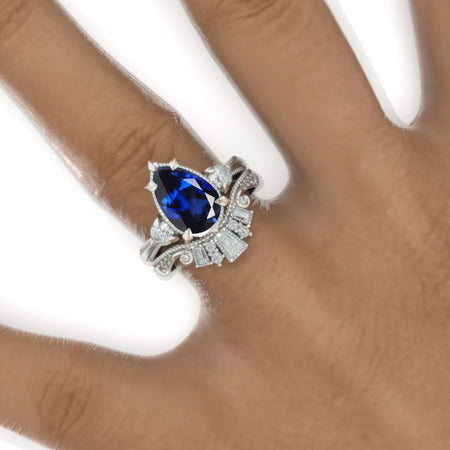 3CT Pear Shape Royal Blue Sapphire Engagement Ring Set, White Gold, Halo Vintage Royal Blue Sapphire Band, V Band Vintage Anniversary Ring Set