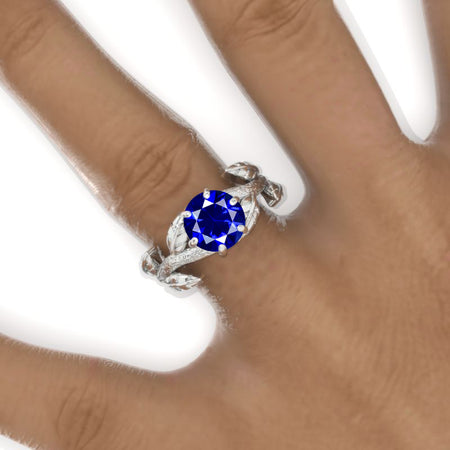 2 Carat Round Royal Blue Sapphire Floral Twig Shank Engagement Ring