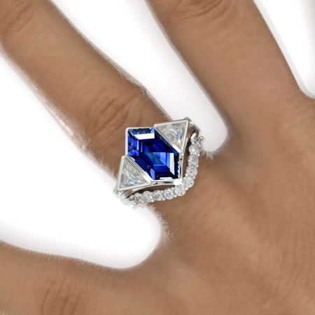 3 Carat Hexagon Royal Blue Sapphire Halo 14K White Gold  Engagement Ring, Eternity Ring Set