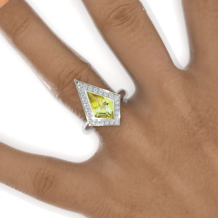 2.5 Carat Kite Yellow Sapphire Halo Engagement Ring. 2.5CT Fancy Shape Bezel Yellow Sapphire Ring Model 935-12x8