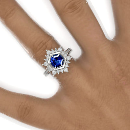 3 Carat Hexagon Royal Blue Sapphire Snowflake Halo 14K White Gold Engagement Ring