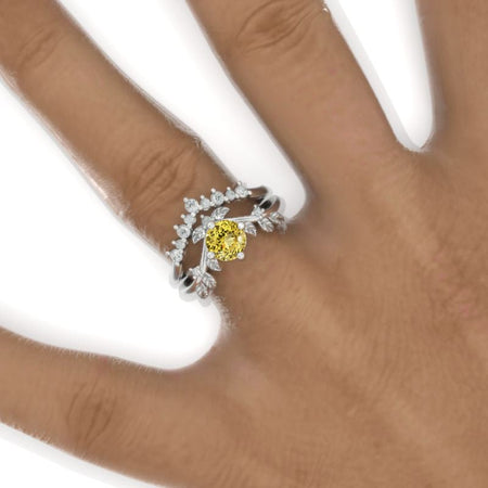 Yellow Sapphire Floral Halo 14K White Gold Engagement Ring Set Model 802-5
