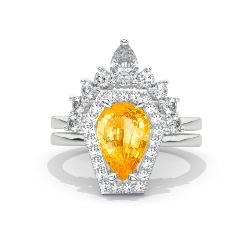3 Carat Pear Genuine Yellow Citrine Halo Engagement Ring. Eternity Ring Set Model 846-11x7