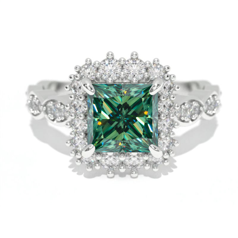 14K White Gold 1.5 Carat Princess Green Moissanite Halo Engagement Ring