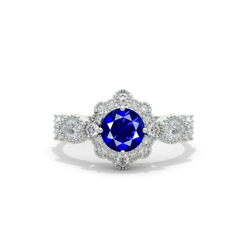 14K White Gold 1 Carat Round Royal Blue Sapphire Halo Engagement Ring