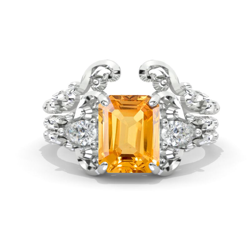 3 Carat Emerald Halo Genuine Yellow Citrine Twisted Shank  White Gold Engagement Ring Set Model 1101