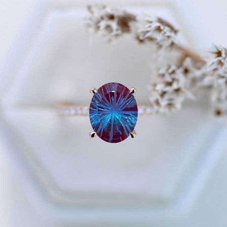 3 Carat Fireworks Cut Alexandrite Oval Cut Hidden Halo Rose Gold Engagement Ring