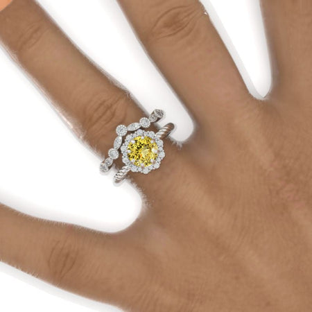 2 Carat Round Yellow Sapphire Halo 14k White Gold Engagement Ring Eternity Ring Set Model 986-8mm set