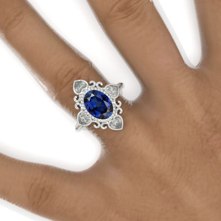 3 CT Oval Halo Royal Blue Sapphire Vintage Wedding Ring. 14K Solid Gold Engagement Ring Anniversary Ring, Heart  Halo Ring Model 1111-10x7