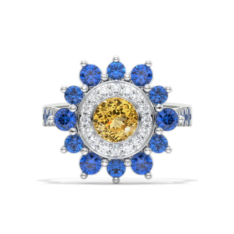 Sapphire Double Halo Genuine Yellow Citrine Cluster Ring Model 1128