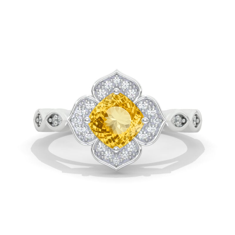 1.5 Carat Cushion Cut Vintage Style Floral Halo Giliarto Genuine Yellow Citrine White Gold Engagement Ring Model 1033