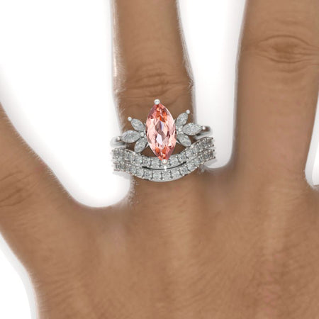 2Ct Marquise Cut Peach Sapphire Vintage Engagement Ring, Marquise  Engagement Ring, Marquise Side Accents Stones 14K White Gold Ring Set Model 510