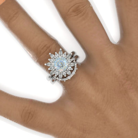 14K White Gold 2  Carat Round Portuguese Cut LAB-Grown Diamond Halo Engagement Ring Eternity Ring Set Model-841